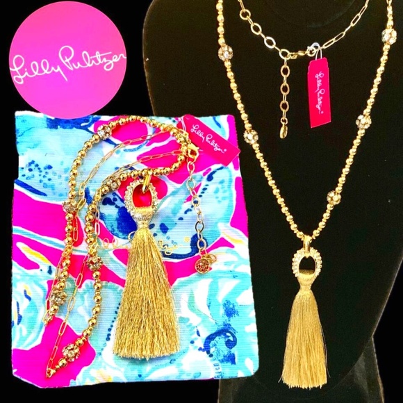 Lilly Pulitzer NWT CRYSTAL GOLD LINK TASSEL NECKLACE⭐️STUNNING NEW + Lilly POUCH - Picture 1 of 16